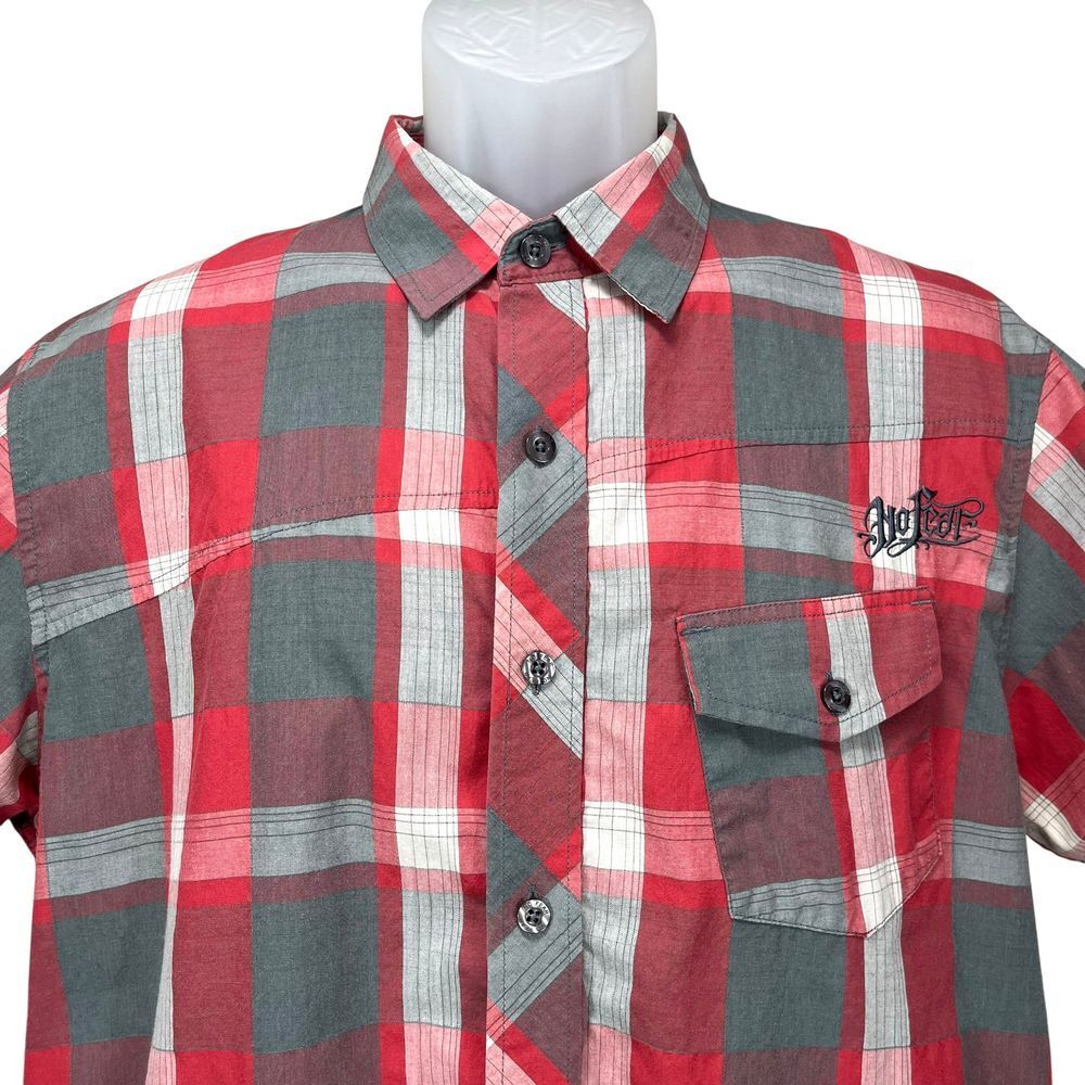 No Fear Men's Large Y2k Grunge Red Plaid Short Sleeve Button Up Camp Shirt - Picture 2 of 7